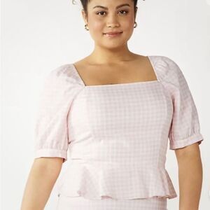 DRAPER JAMES RSVP Puff Sleeve Squareneck Peplum Gingham Top Blouse Sz XL